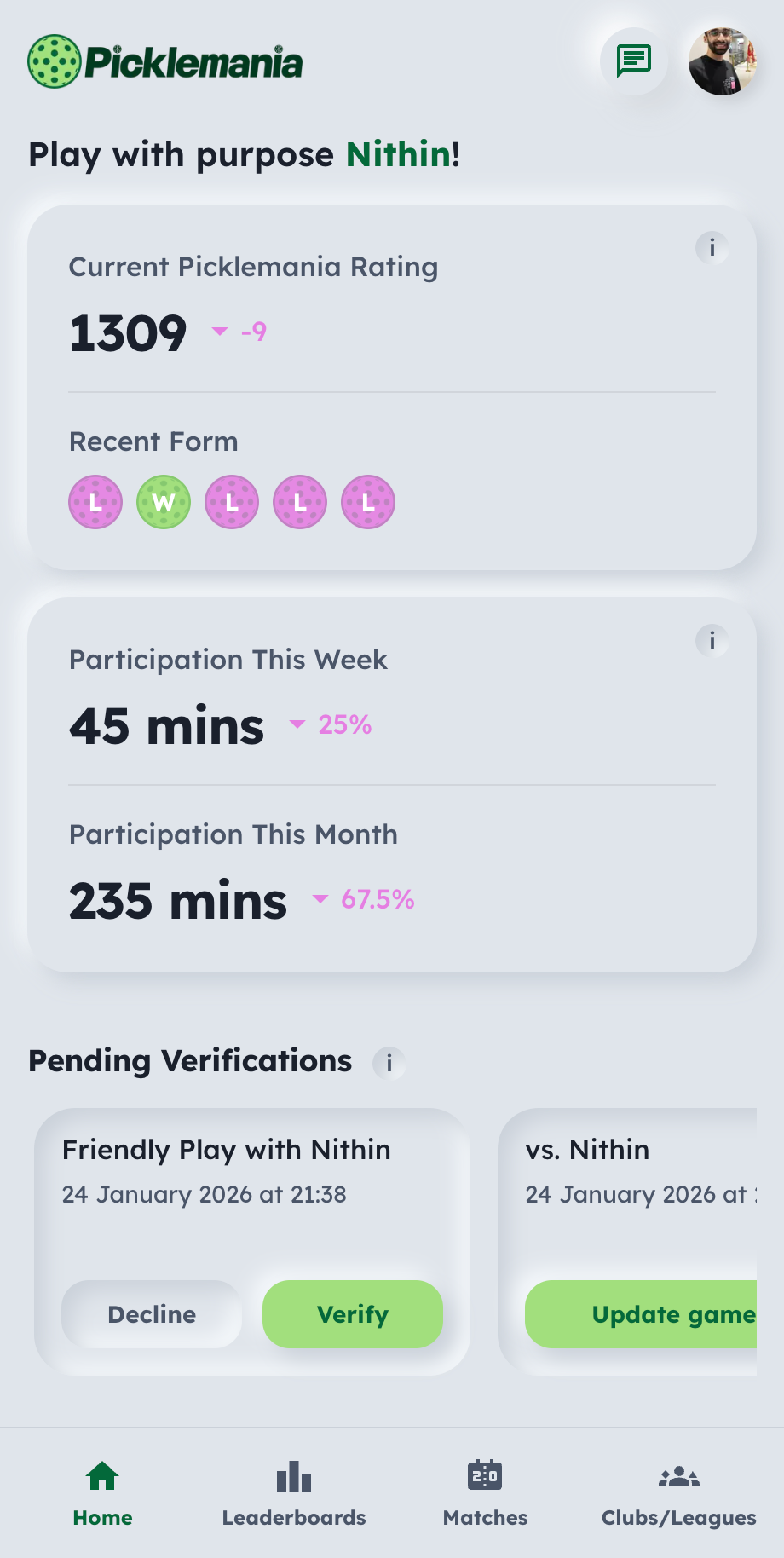 Picklemania dashboard showing player stats and recent activity